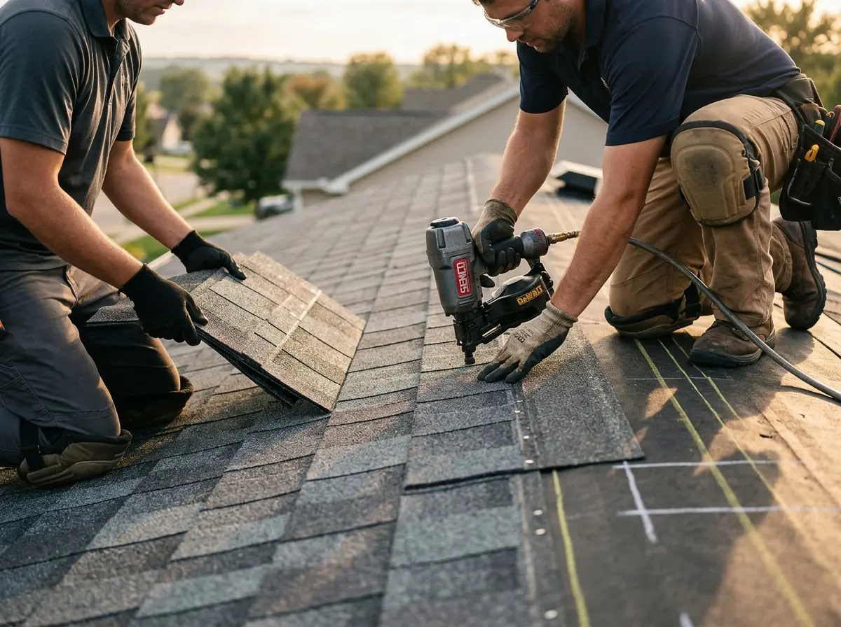 Professional roofer working on a residential roof in Gladeview